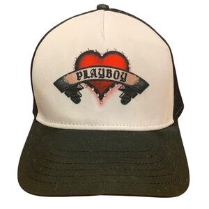 PLAYBOY Airbrushed Heart Design Black and White Unisex Mesh Trucker Cap Hat